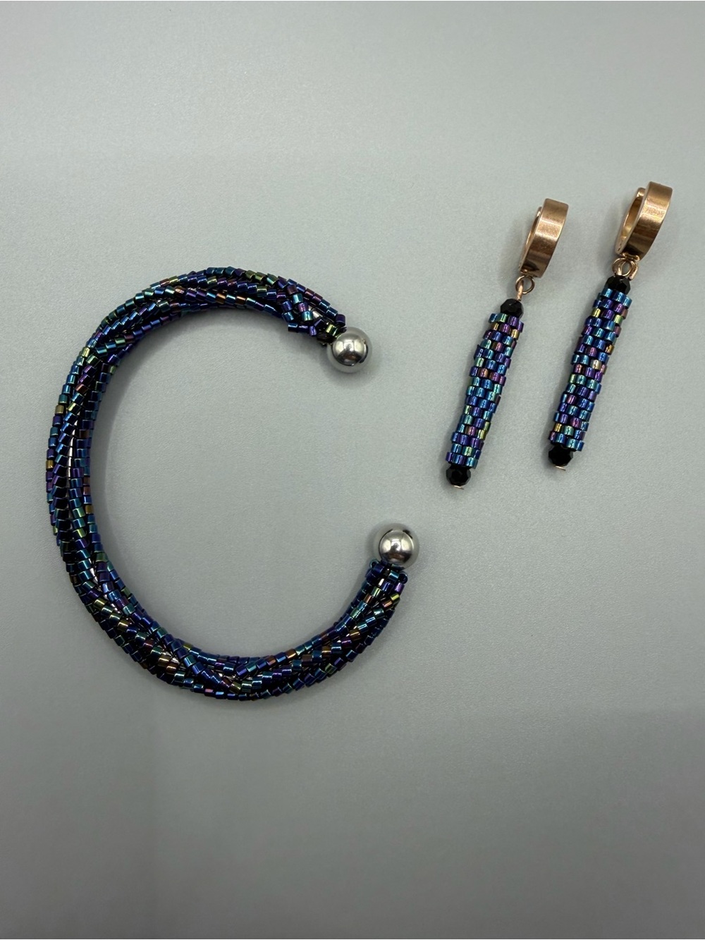 Iridescent Seed Bead Cuff Bracelet & Drop Earrings Set
